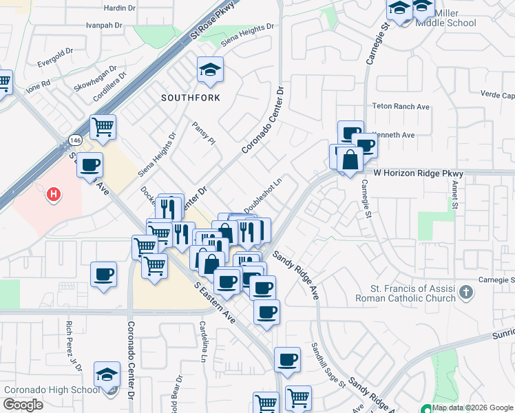 map of restaurants, bars, coffee shops, grocery stores, and more near 653 Doubleshot Lane in Henderson