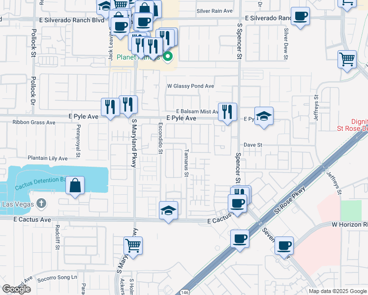 map of restaurants, bars, coffee shops, grocery stores, and more near 1478 Louisiana Lakes Avenue in Las Vegas