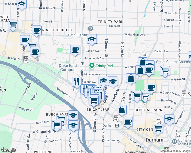 map of restaurants, bars, coffee shops, grocery stores, and more near 1019 Minerva Avenue in Durham