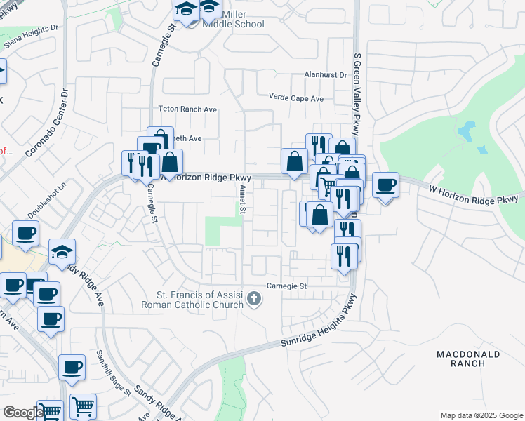 map of restaurants, bars, coffee shops, grocery stores, and more near 2305 West Horizon Ridge Parkway in Henderson