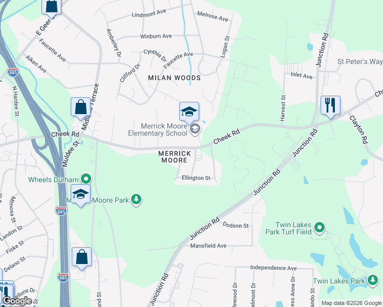 map of restaurants, bars, coffee shops, grocery stores, and more near 2423 Cheek Road in Durham