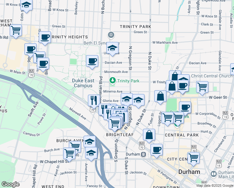 map of restaurants, bars, coffee shops, grocery stores, and more near 1026 Minerva Avenue in Durham
