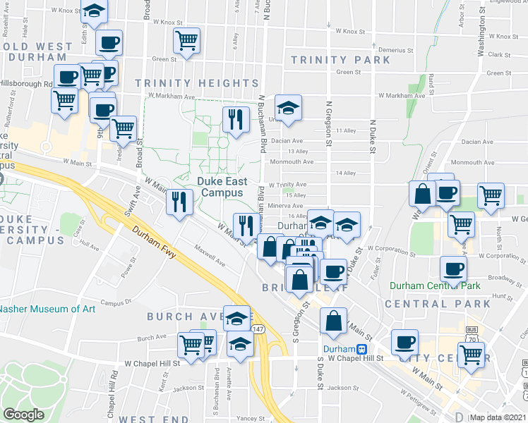 map of restaurants, bars, coffee shops, grocery stores, and more near 1110 Minerva Avenue in Durham