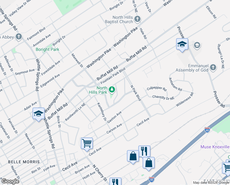 map of restaurants, bars, coffee shops, grocery stores, and more near 2926 Kenilworth Lane Northeast in Knoxville