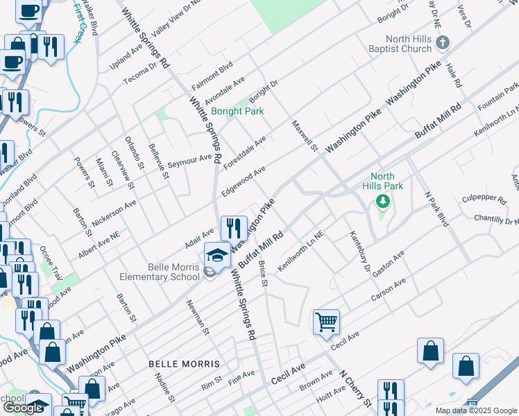 map of restaurants, bars, coffee shops, grocery stores, and more near 2539 Washington Pike in Knoxville