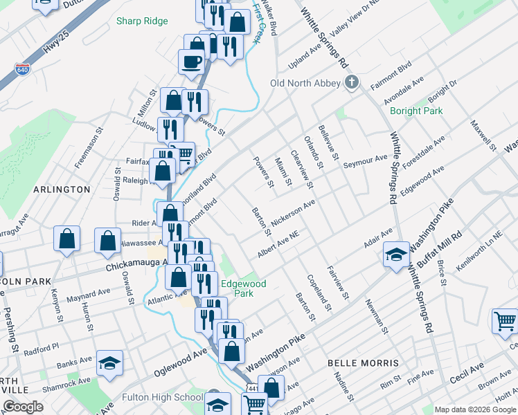 map of restaurants, bars, coffee shops, grocery stores, and more near 3311 Barton Street in Knoxville