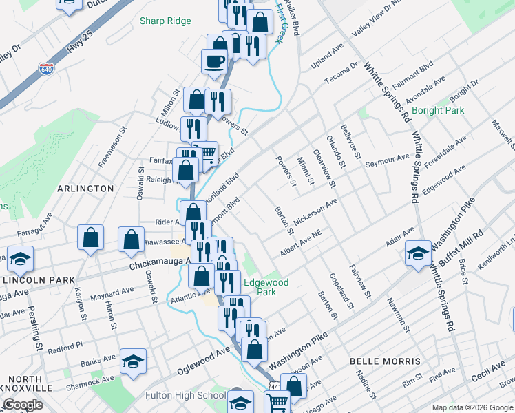 map of restaurants, bars, coffee shops, grocery stores, and more near 1800 Fairmont Boulevard in Knoxville