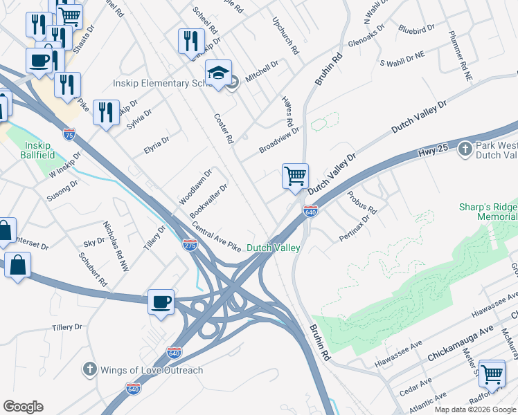 map of restaurants, bars, coffee shops, grocery stores, and more near 401 Durbin Drive Northeast in Knoxville