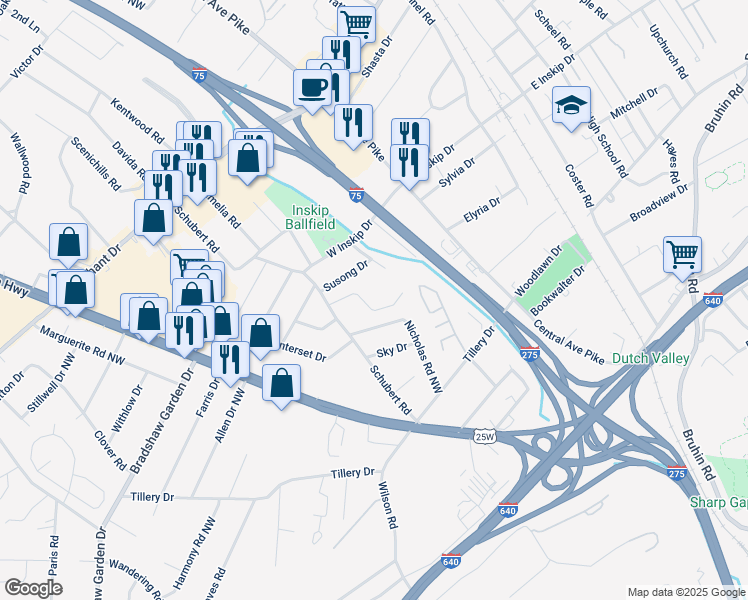 map of restaurants, bars, coffee shops, grocery stores, and more near 4700 Schubert Road in Knoxville