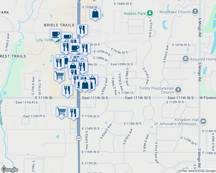 map of restaurants, bars, coffee shops, grocery stores, and more near 10930 South 86th East Avenue in Tulsa