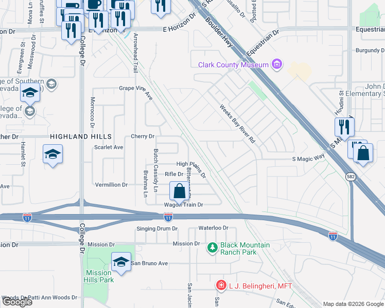 map of restaurants, bars, coffee shops, grocery stores, and more near 813 Bitterroot Street in Henderson