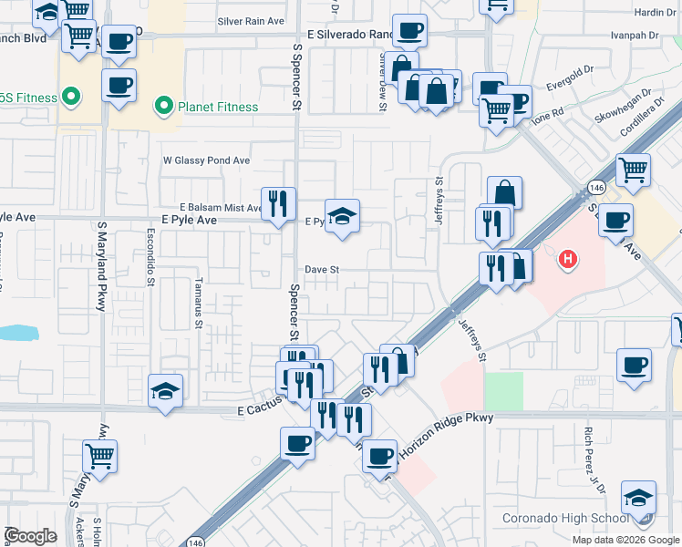 map of restaurants, bars, coffee shops, grocery stores, and more near 10250 Spencer Street in Las Vegas