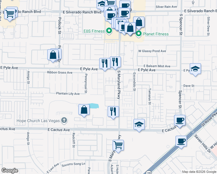 map of restaurants, bars, coffee shops, grocery stores, and more near 10191 Pleasant Village Place in Las Vegas