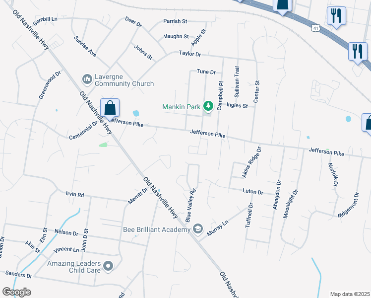 map of restaurants, bars, coffee shops, grocery stores, and more near 4016 Margo Circle in La Vergne