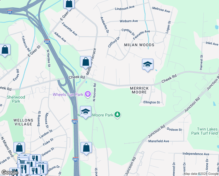 map of restaurants, bars, coffee shops, grocery stores, and more near 2124 Cheek Rd in Durham