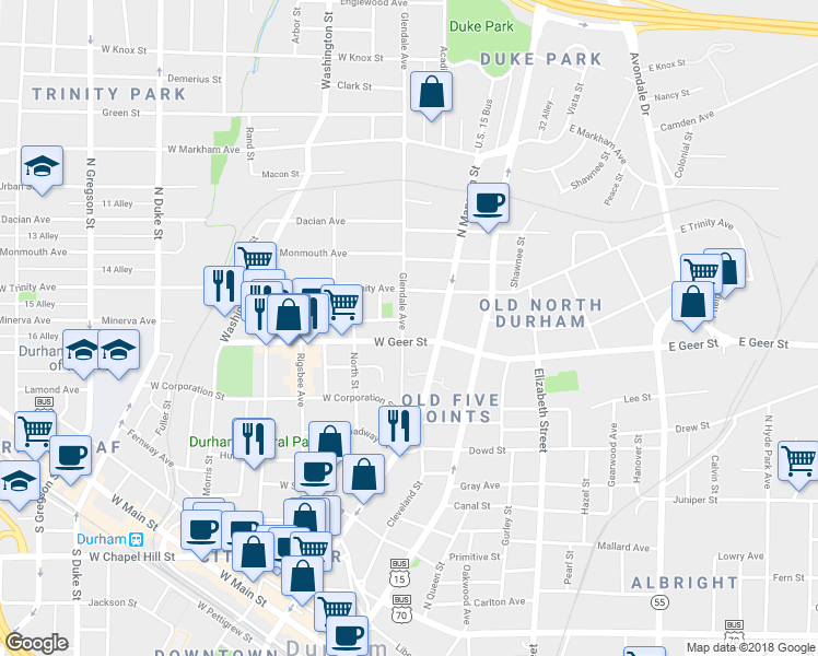 map of restaurants, bars, coffee shops, grocery stores, and more near 906 Glendale Avenue in Durham