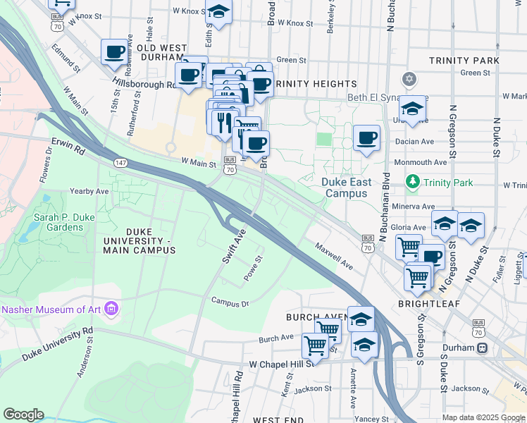 map of restaurants, bars, coffee shops, grocery stores, and more near 1417 West Pettigrew Street in Durham