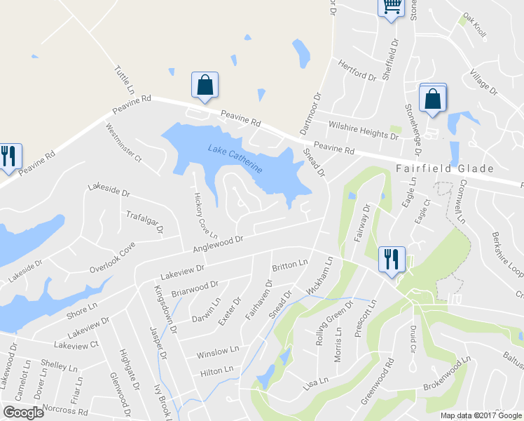 map of restaurants, bars, coffee shops, grocery stores, and more near 350 Lake Catherine Lane in Crossville