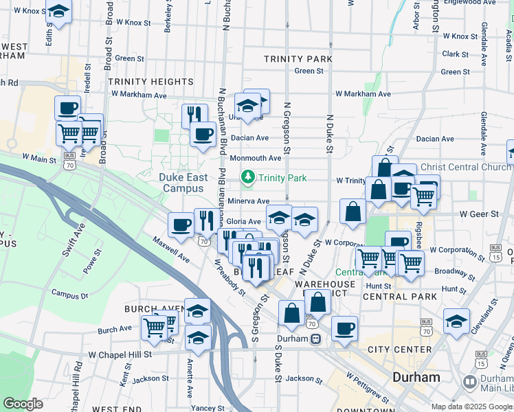 map of restaurants, bars, coffee shops, grocery stores, and more near 1019 Minerva Avenue in Durham