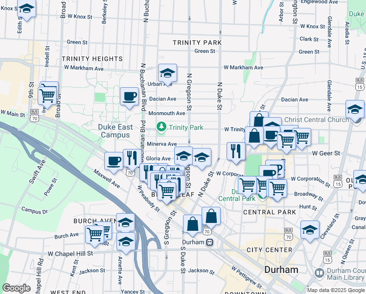 map of restaurants, bars, coffee shops, grocery stores, and more near 1005 Minerva Avenue in Durham