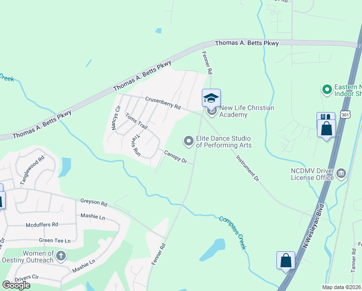 map of restaurants, bars, coffee shops, grocery stores, and more near 2040 Fenner Road in Rocky Mount