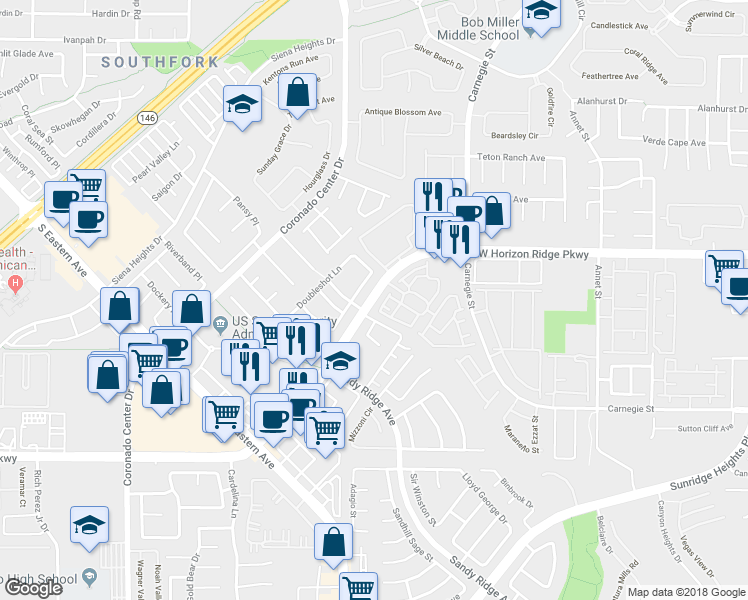 map of restaurants, bars, coffee shops, grocery stores, and more near 2543 West Horizon Ridge Parkway in Henderson