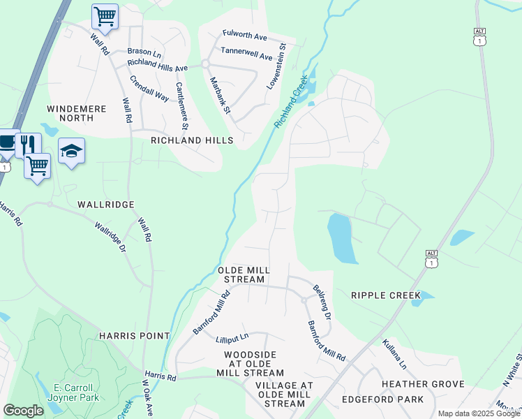 map of restaurants, bars, coffee shops, grocery stores, and more near 909 Whistable Avenue in Wake Forest