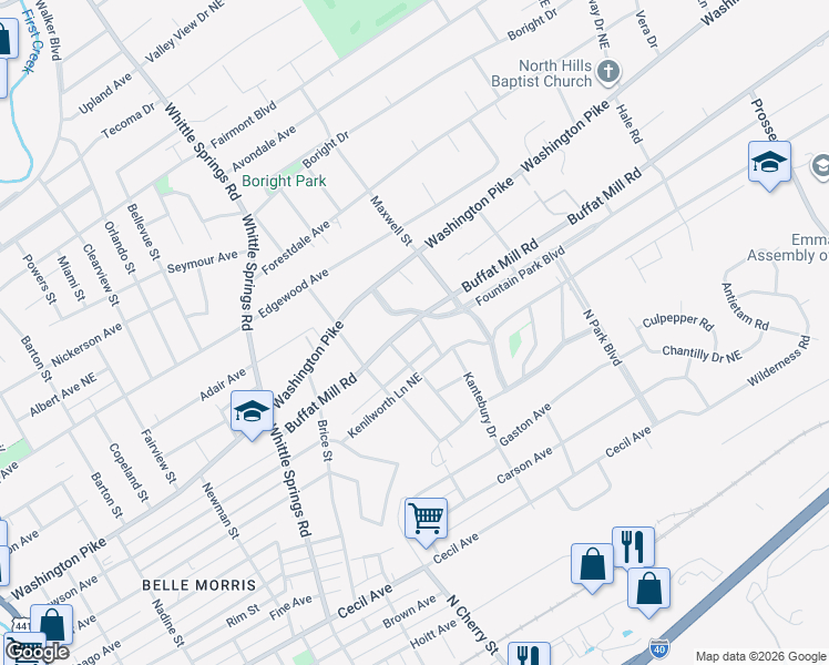 map of restaurants, bars, coffee shops, grocery stores, and more near 1919 North Hills Boulevard in Knoxville