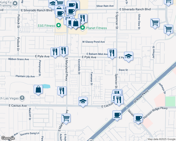 map of restaurants, bars, coffee shops, grocery stores, and more near 1438 Louisiana Lakes Avenue in Las Vegas