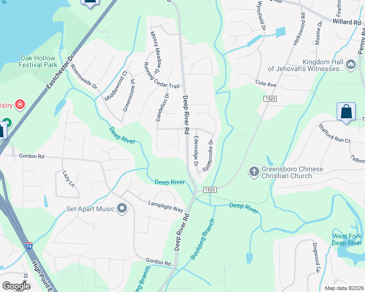 map of restaurants, bars, coffee shops, grocery stores, and more near 2725 Edenridge Drive in High Point