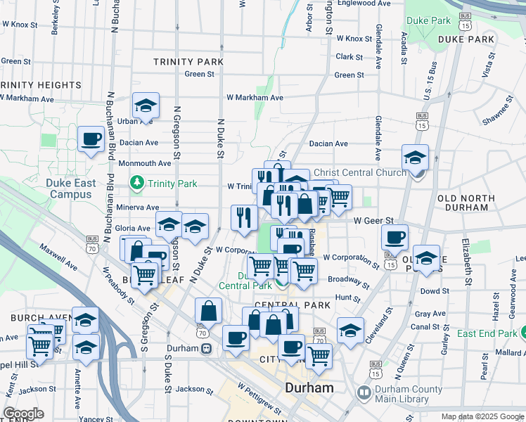 map of restaurants, bars, coffee shops, grocery stores, and more near 711 Washington Street in Durham