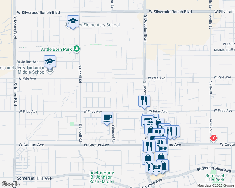 map of restaurants, bars, coffee shops, grocery stores, and more near 10100-10298 Edmond Street in Las Vegas