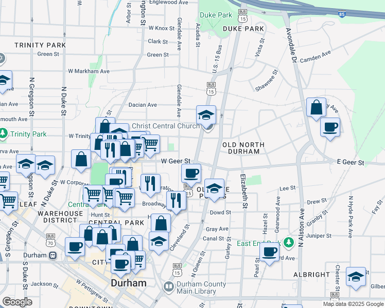 map of restaurants, bars, coffee shops, grocery stores, and more near 908 Glendale Avenue in Durham