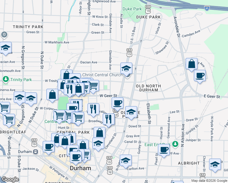 map of restaurants, bars, coffee shops, grocery stores, and more near 908 Glendale Avenue in Durham