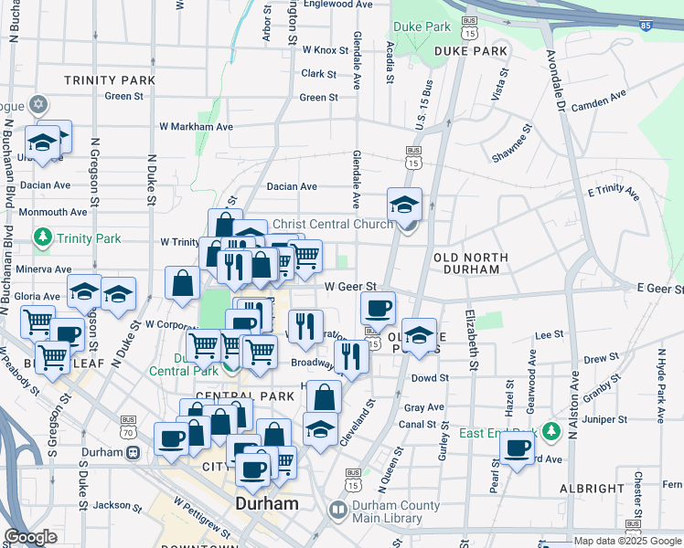 map of restaurants, bars, coffee shops, grocery stores, and more near 214 Hargrove Street in Durham