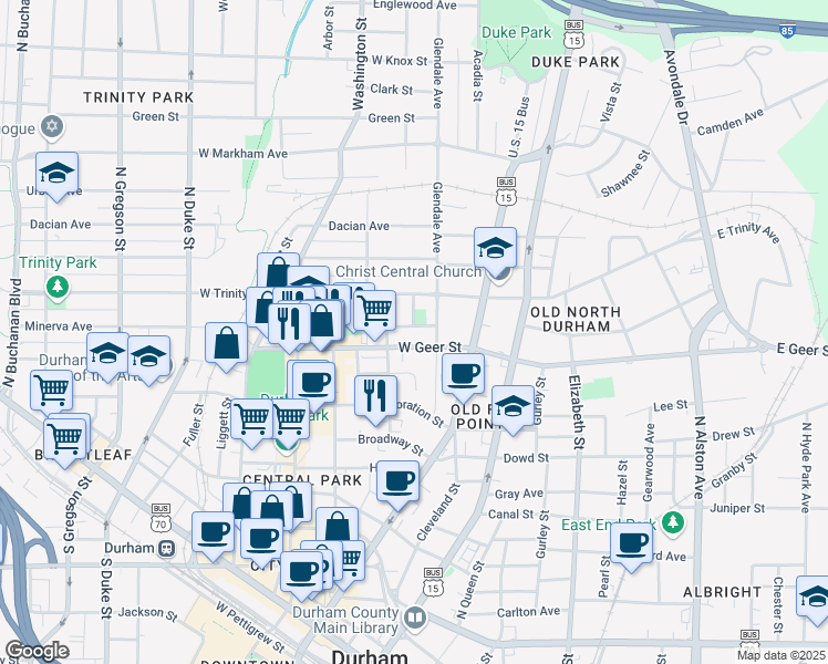 map of restaurants, bars, coffee shops, grocery stores, and more near 214 Hargrove Street in Durham