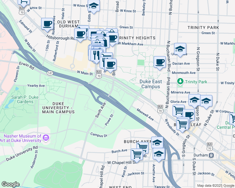 map of restaurants, bars, coffee shops, grocery stores, and more near 1417 West Pettigrew Street in Durham