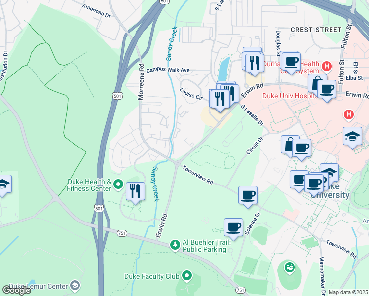 map of restaurants, bars, coffee shops, grocery stores, and more near 3100 Erwin Road in Durham
