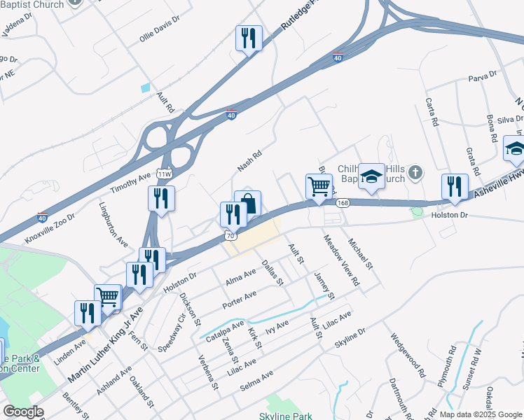 map of restaurants, bars, coffee shops, grocery stores, and more near 214 Hidell Road in Knoxville