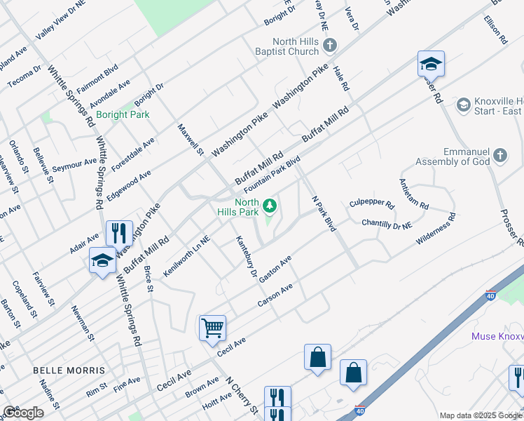 map of restaurants, bars, coffee shops, grocery stores, and more near 2926 Kenilworth Lane Northeast in Knoxville
