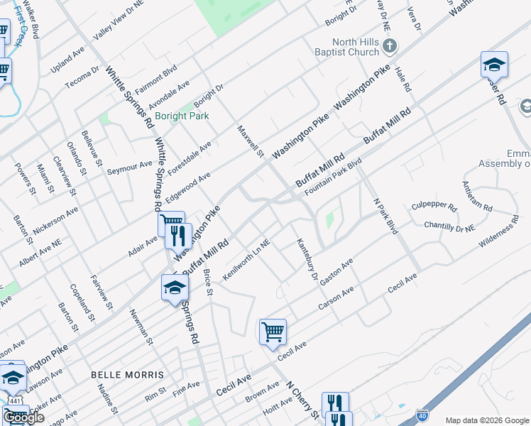 map of restaurants, bars, coffee shops, grocery stores, and more near 1919 North Hills Boulevard in Knoxville