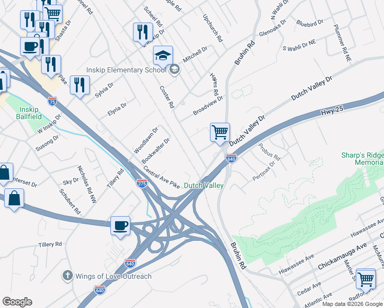 map of restaurants, bars, coffee shops, grocery stores, and more near 401 Durbin Drive Northeast in Knoxville