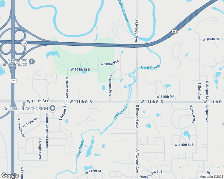 map of restaurants, bars, coffee shops, grocery stores, and more near 2007 West 110th Court South in Jenks
