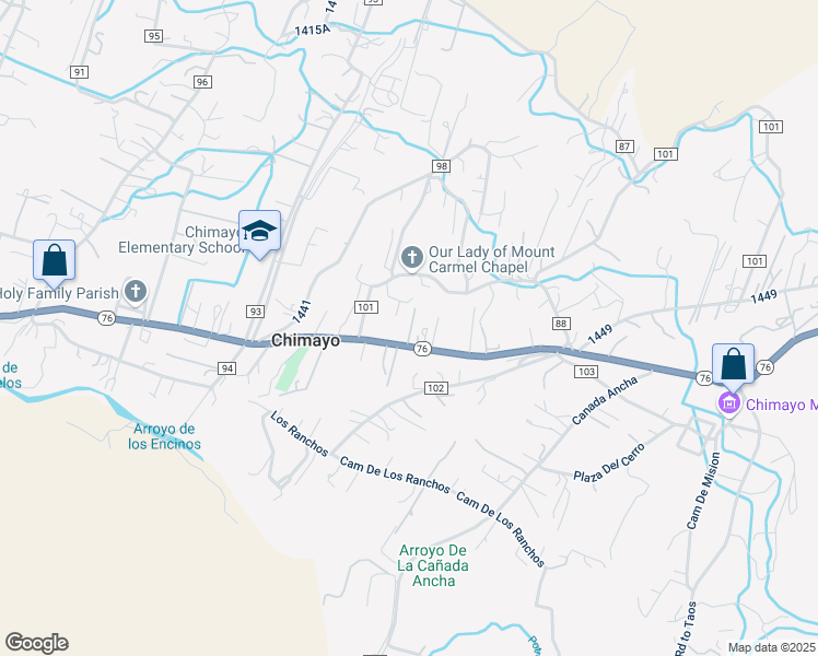 map of restaurants, bars, coffee shops, grocery stores, and more near 750 New Mexico 76 in Chimayo