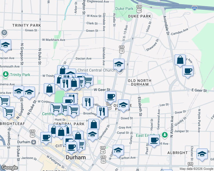 map of restaurants, bars, coffee shops, grocery stores, and more near 908 Glendale Avenue in Durham
