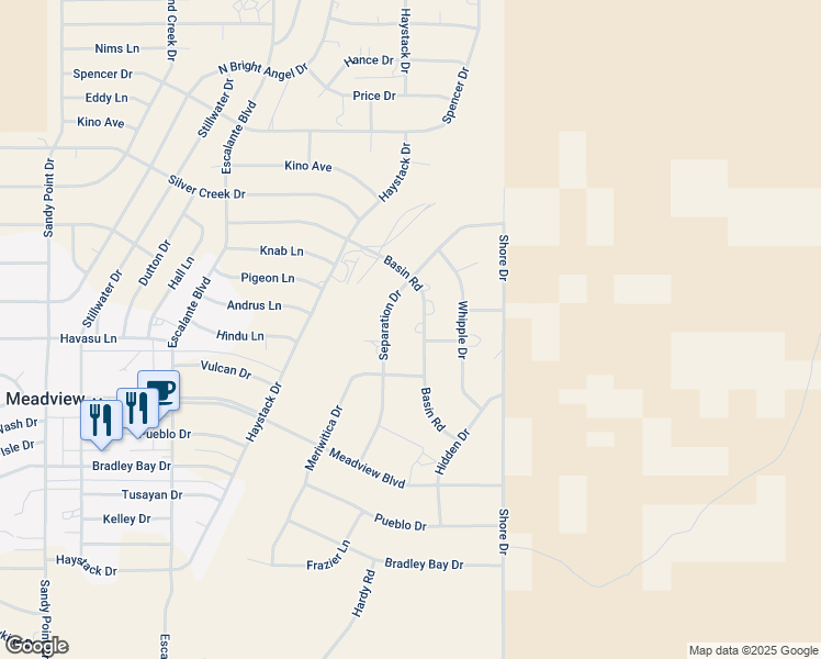 map of restaurants, bars, coffee shops, grocery stores, and more near 30295 Basin Rd in Meadview