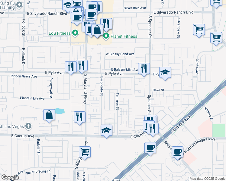 map of restaurants, bars, coffee shops, grocery stores, and more near 1438 Louisiana Lakes Avenue in Las Vegas