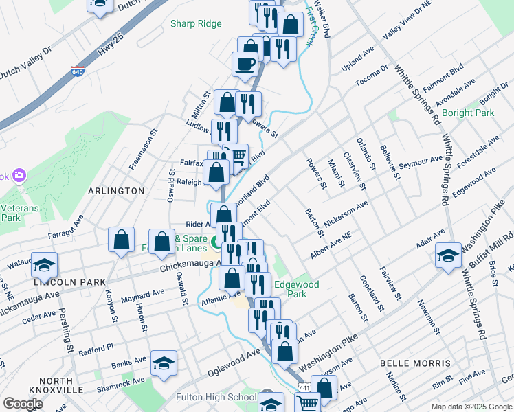 map of restaurants, bars, coffee shops, grocery stores, and more near 1703 Fairmont Boulevard in Knoxville