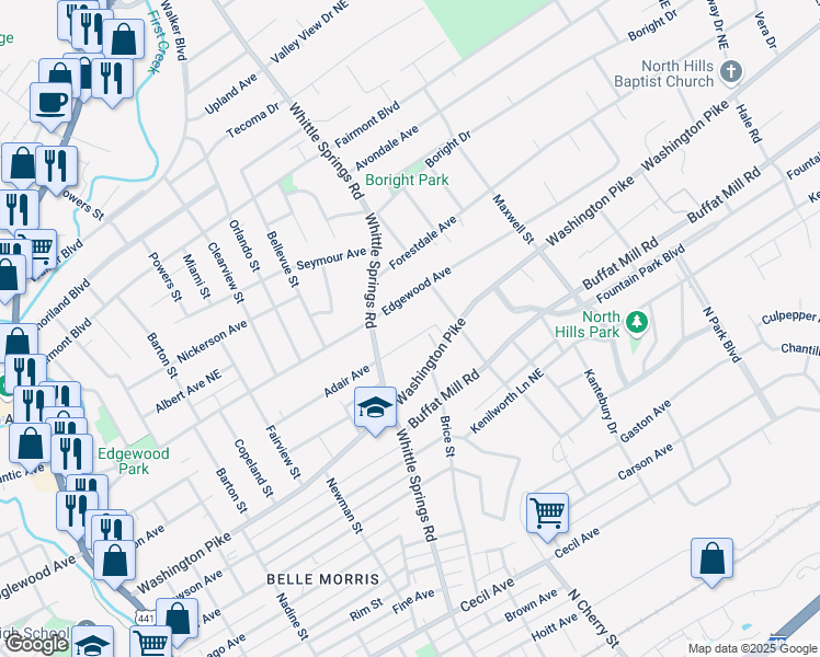 map of restaurants, bars, coffee shops, grocery stores, and more near 2515 Adair Avenue in Knoxville