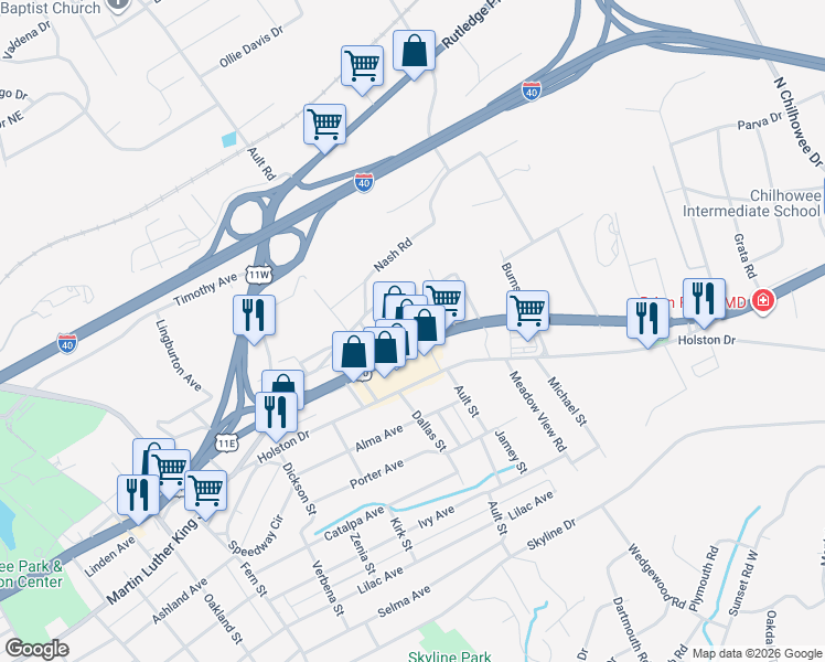 map of restaurants, bars, coffee shops, grocery stores, and more near 214 Hidell Road in Knoxville